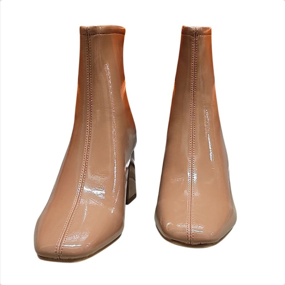 Camel Patent Leather Square Toe Block Heel Ankle Boots With Back Zipper Closure - Picture 5 of 9